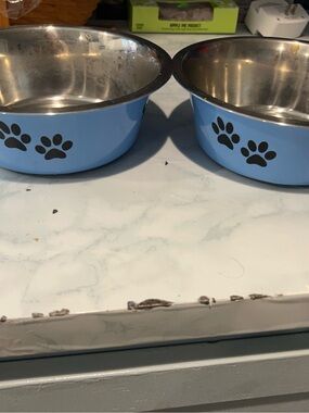 Source Unknown Light Blue Paw-Print Stainless Steel Dog Bowl Pair